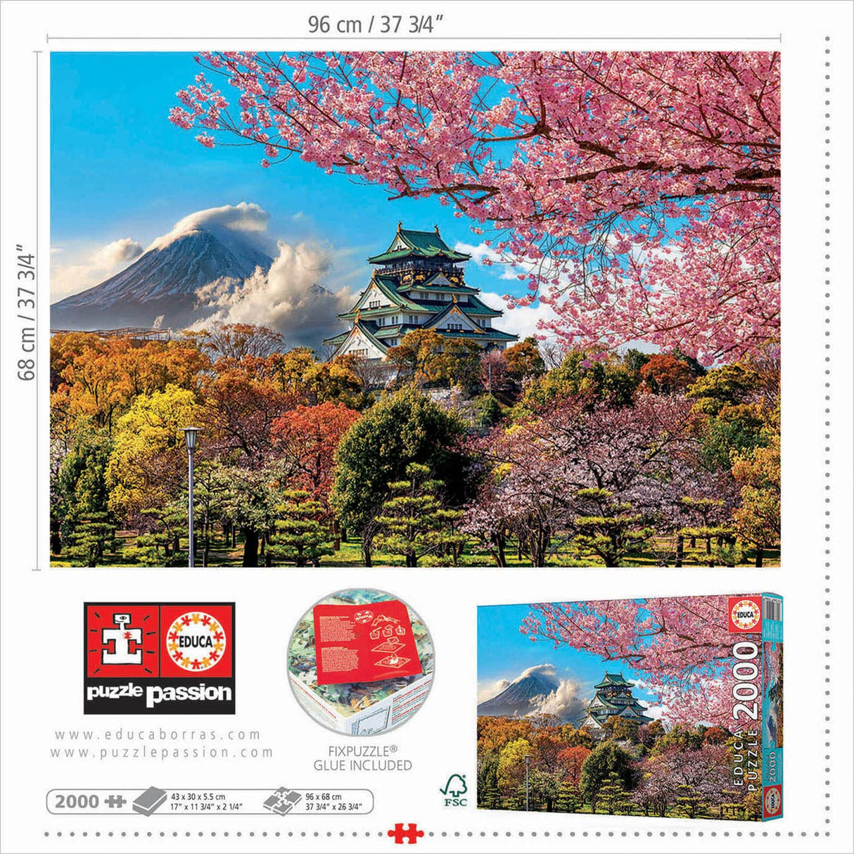 Educa - Osaka Castle, Japan - 2000 Piece Jigsaw Puzzle - Puzzle Glue Included - Completed Image Measures 37.75" x 26.75" - Ages 14+ (19276) Educa