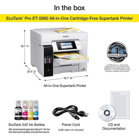 Epson EcoTank Pro ET-5880 Wireless Color All-in-One Supertank Printer with Scanner, Copier, Fax, Ethernet and PCL/Postscript, White Epson