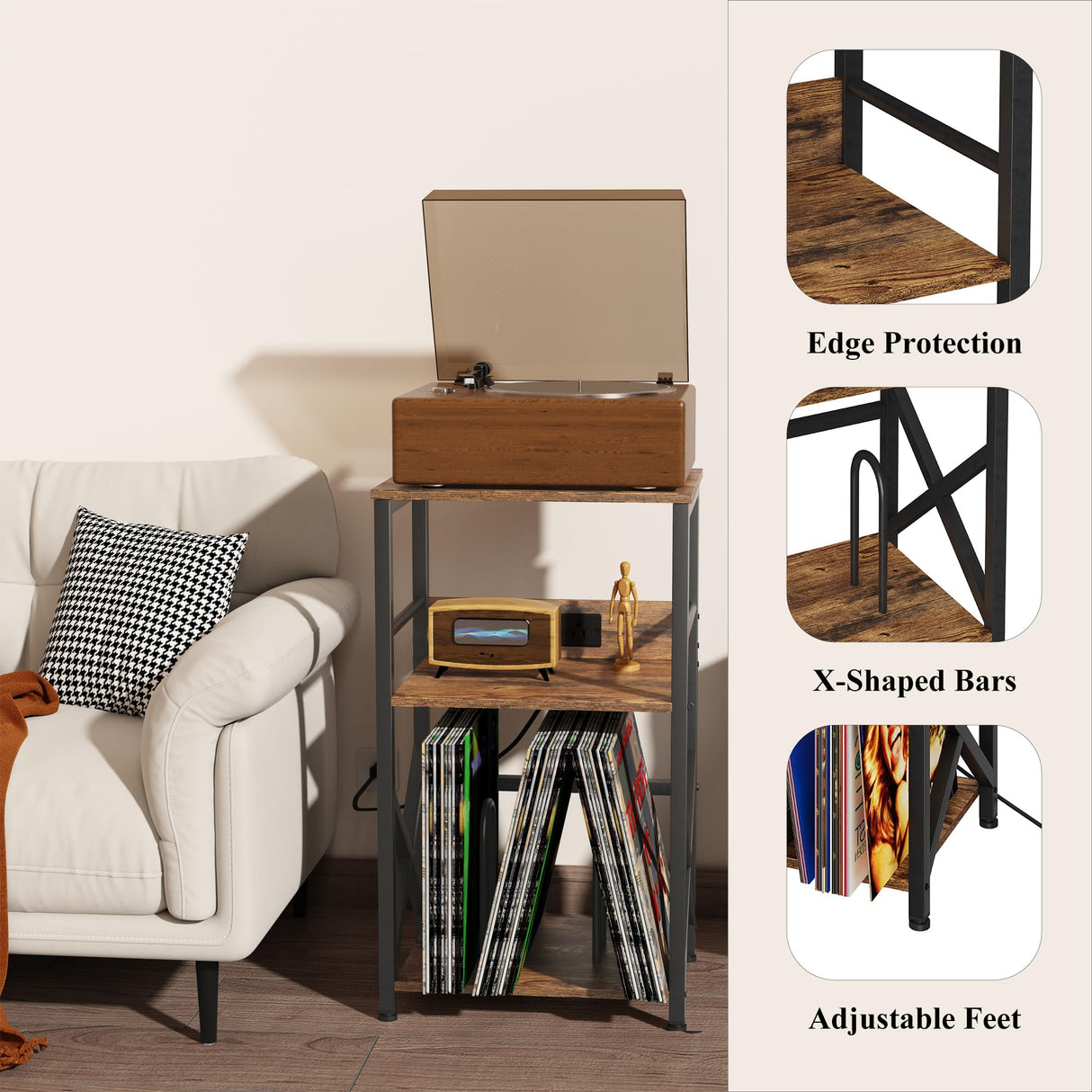 DALEMHOME Record Player Stand with Charging Station, Turntable Stand with Storage, Record Table for Vinyl, 3 Tier End Table for Living Room, Bedroom, Rustic Brown HKET1001BR DALEMHOME