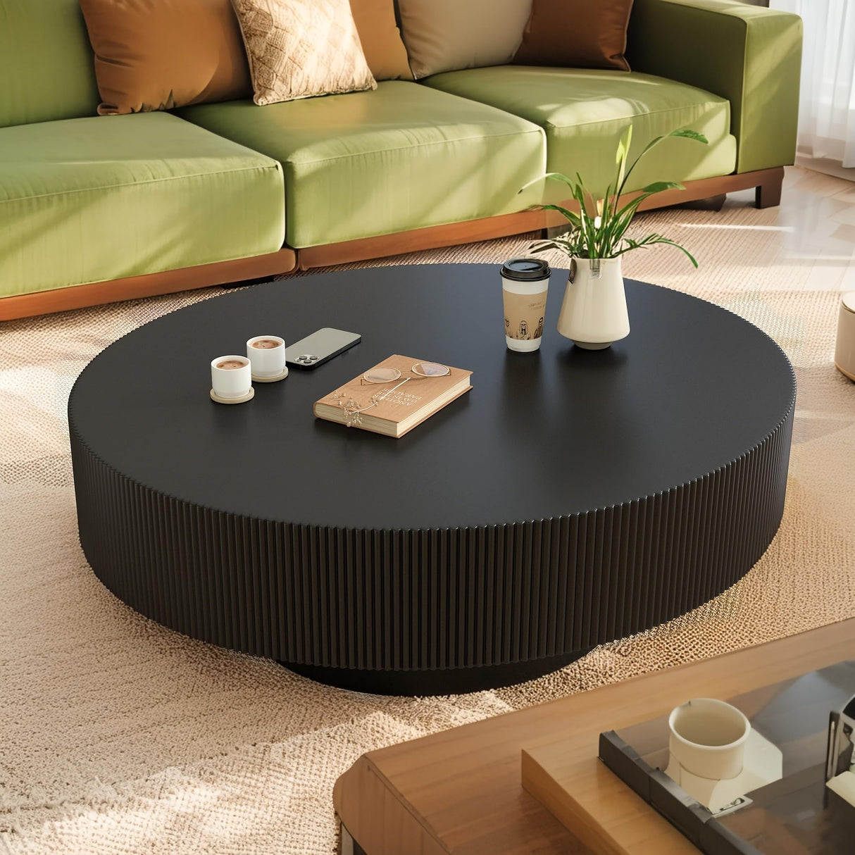 Merax Modern Round Coffee Table with Sturdy Base, Wood Center Tables for Living Room Reception Room, Easy Assemble, Black Merax