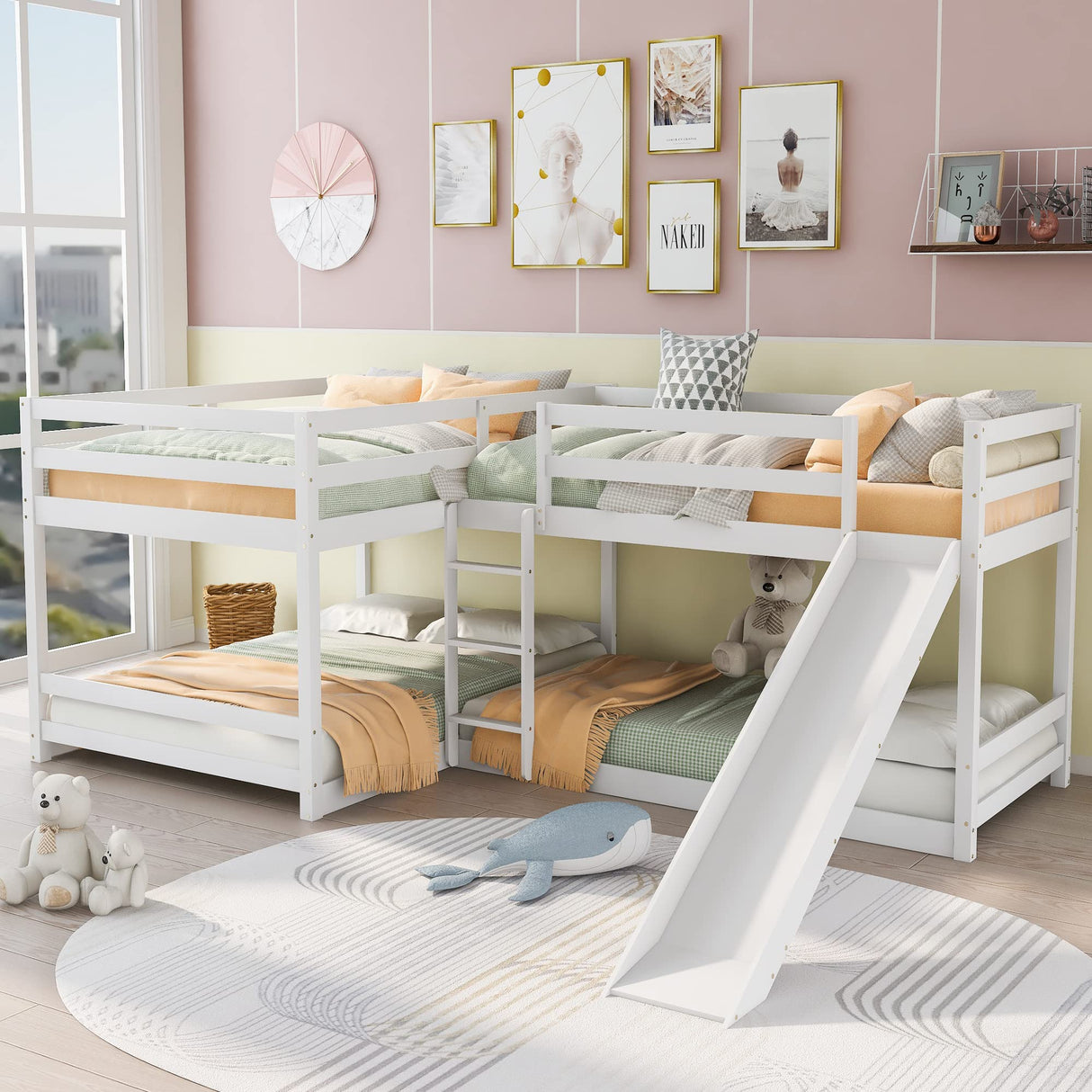 L-Shape Quad Bunk Bed for 4 With Slide, Full Over Full & Twin Over Twin, Corner Beds for Kids Boys Girls Teens (4 Beds, White) Bellemave