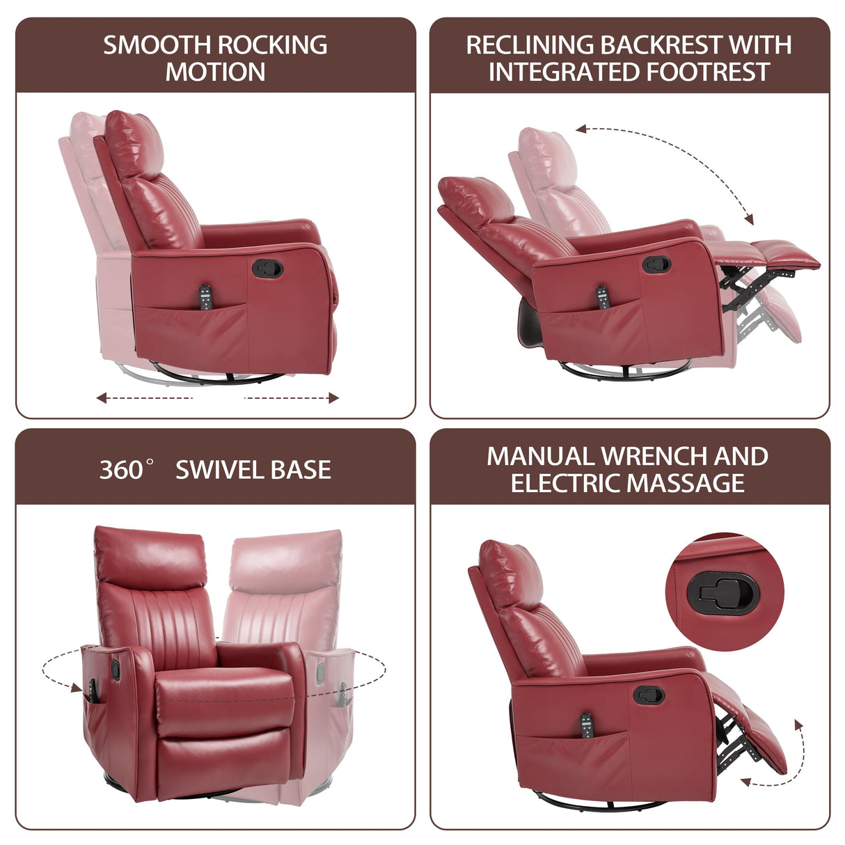 PELUMY Recliner Chair Swivel Rocking with Heat Massage - 360° Manual Recliner, 8-Point Vibrating & Lumbar Heat, Easy Assembly Chair for Living Room (Breathable Leather, Red) PELUMY