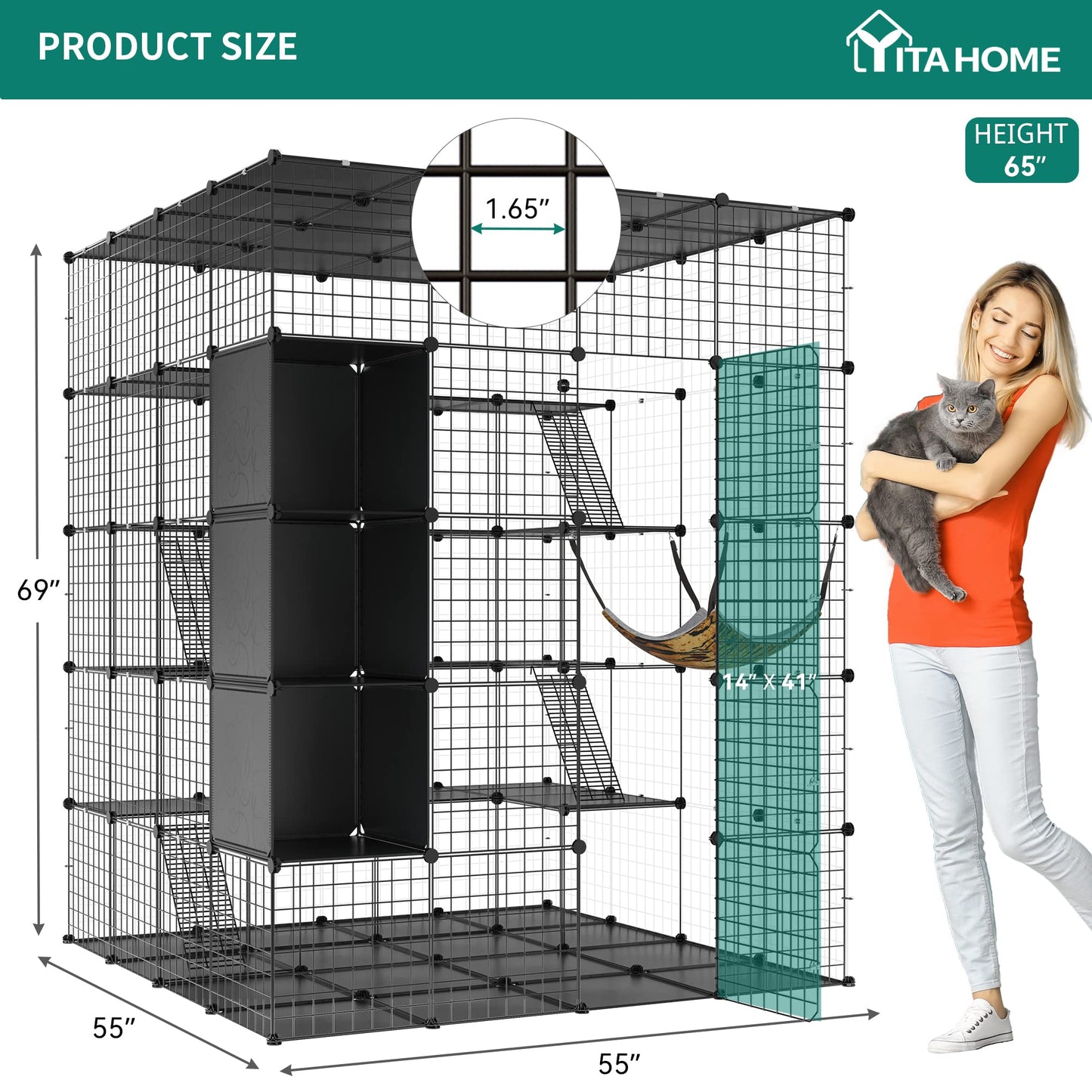 YITAHOME Cat Cage Indoor Large with Storage Cube DIY Outdoor Catio Cat Enclosures Metal Cat Playpen with Hammock Platforms for 1-4 Cats 5 Tiers Cat Kennel - WoodArtSupply