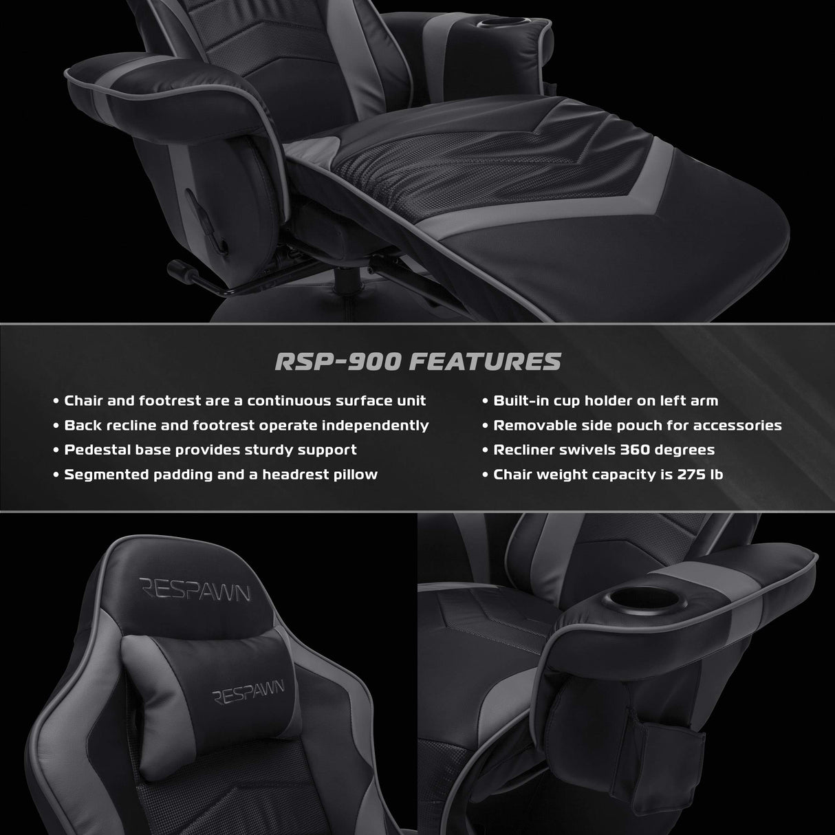 RESPAWN 900 Gaming Recliner - Video Games Console Recliner Chair, Computer Recliner, Adjustable Leg Rest and Recline, Recliner with Cupholder, Reclining Gaming Chair with Footrest - Gray RESPAWN