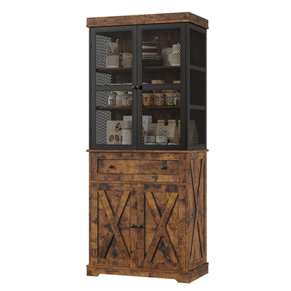 BOTLOG 71” Pantry Cabinet, Kitchen Pantry Storage Cabinet with Adjustable Shelf, Drawer and Barn Door, Tall Storage Cabinet, Bar Cabinet with Visual