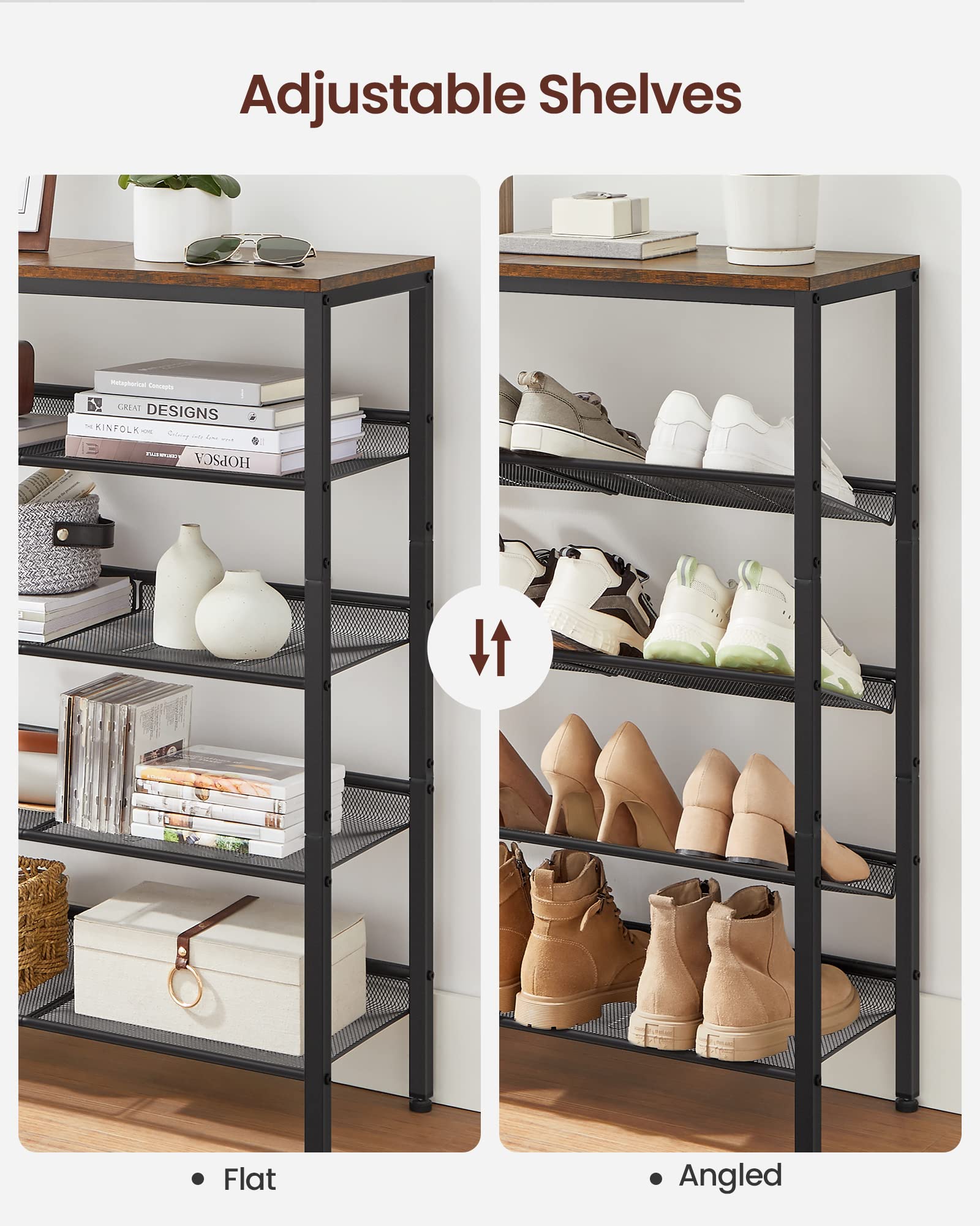 VASAGLE Shoe Rack for Entryway, 5 Tier Shoe Storage Shelves, 16-20 Pairs Shoe Organizer, with Sturdy Wooden Top and Steel Frame, Free Standing, Industrial, Rustic Brown and Ink Black ULBS038B - WoodArtSupply