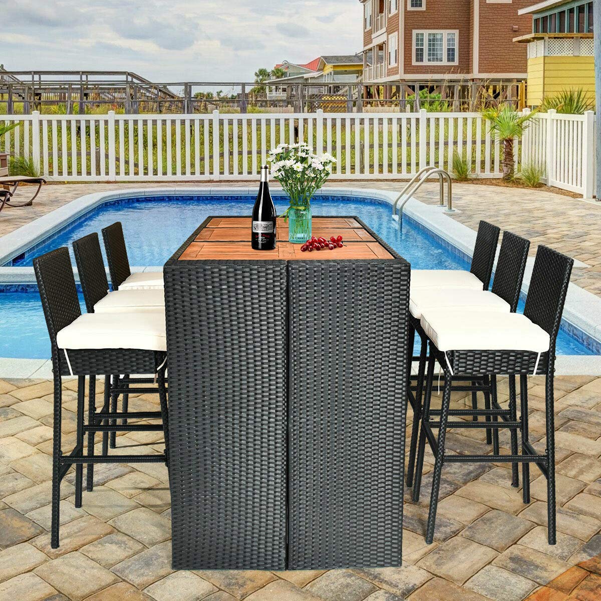 Tangkula 7-Piece Black Outdoor Wicker Dining Set with Acacia Wood Table and Removable Cushions Tangkula