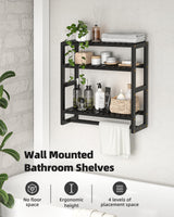 Galood Bathroom Shelves Towel Racks Over Toilet Storage with Towel Bar 3 Tier Floating Wall Mounted Space Saving Bamboo Paper Holder for Bathroom Laundry Room Kitchen Organizers (Black) Galood