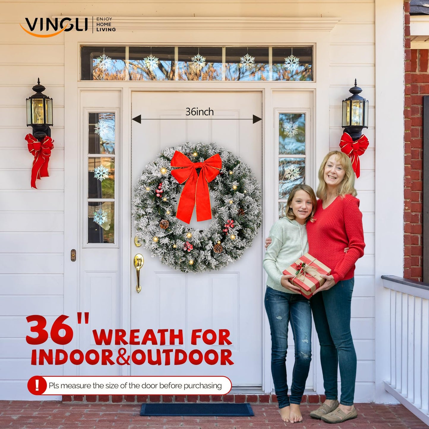 VINGLI 36 Inch Prelit Christmas Wreath, Artificial Christmas Wreath for Front Door, Window, Fireplaces, Indoor Decorate, with 100 LED Lights, 300 Forested Branches (Plug-in)