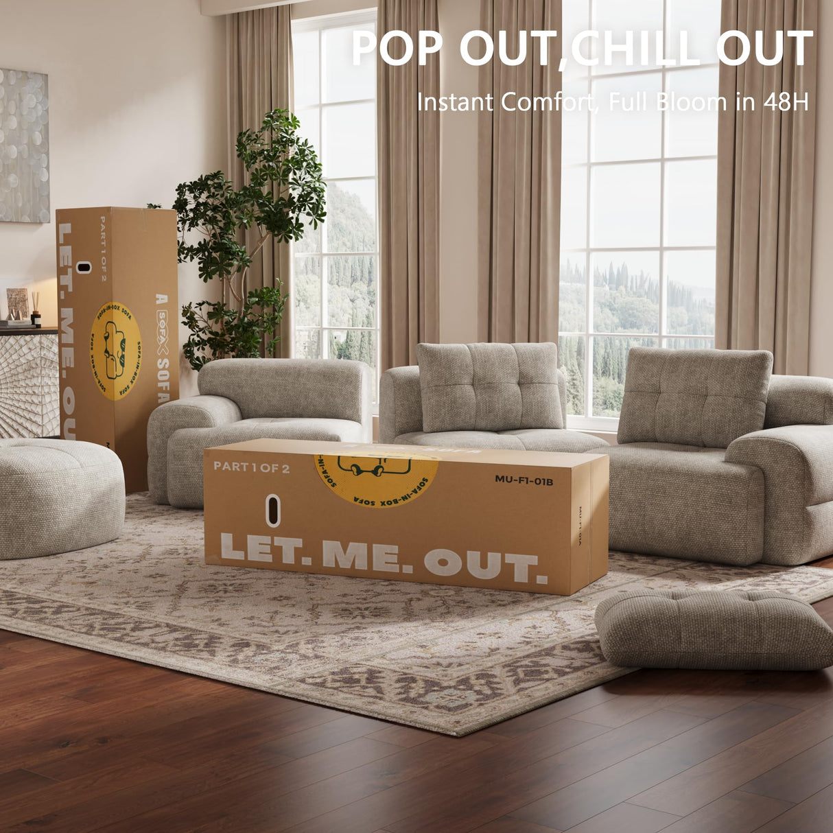 SOFA-IN-BOX 145'' U-Shaped Modular Sectional Sofa Couch, Full-Foam Structure, Compression Packaging Design, Woven Texture Upholstery, Oversized Modern Sofa for Living Room – Wheat Beige SOFA-IN-BOX