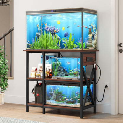 YITAHOME 10-29-37 Gallon Fish Tank Stand with Power Outlet, 30x16 Inch Metal Aquarium Stand with 3-Tier Adjustable Storage Shelves and Hooks, 450LBS Capacity, Rustic Brown