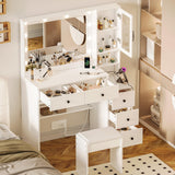 Makeup Vanity with Lights & Charging Station, White Vanity Table with 5 Drawers & Open Storage Shelves, Vanity Desk with Mirror & Lights, Dressing Table Set, Bedroom Makeup Table Set Black Handle TOKSOM