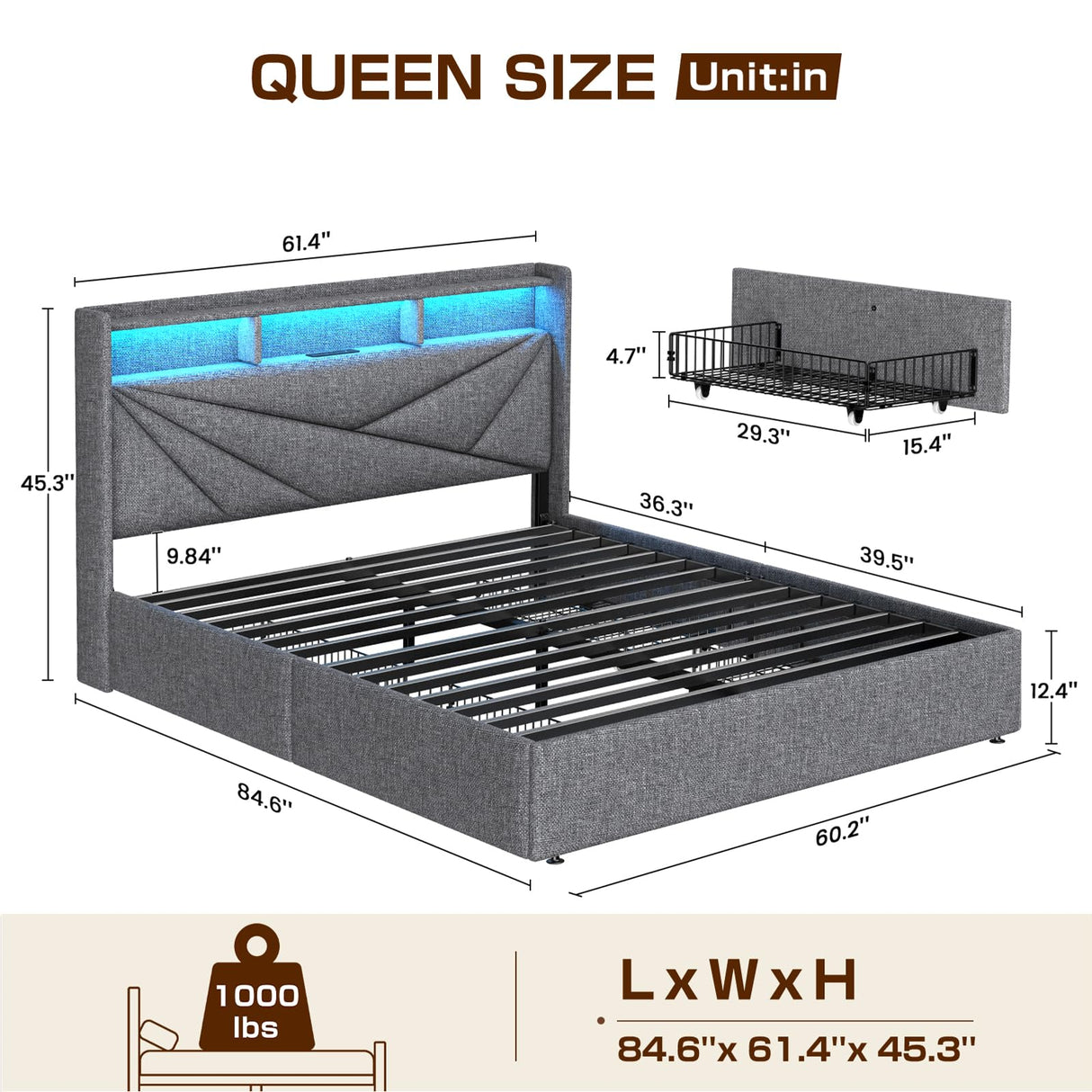 Driftalia Queen Bed Frame with 4 Storage Drawers, Upholstered Bed Frame Queen Size with LED Lights Headboard and Charging Station, No Box Spring Needed, Easy Assembly - Light Grey Driftalia