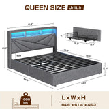 Driftalia Queen Bed Frame with 4 Storage Drawers, Upholstered Bed Frame Queen Size with LED Lights Headboard and Charging Station, No Box Spring Needed, Easy Assembly - Light Grey Driftalia