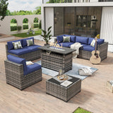 Aoxun 8 Piece Patio Furniture Set with 44” Fire Pit Table Paito Conversation Set Wicker Rattan Outdoor Sectional Sofa Set with Waterproof Cover and Thickened Cushions (Grey/Blue) Aoxun