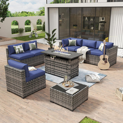 Aoxun 8 Piece Patio Furniture Set with 44” Fire Pit Table Paito Conversation Set Wicker Rattan Outdoor Sectional Sofa Set with Waterproof Cover and Thickened Cushions (Grey/Blue)