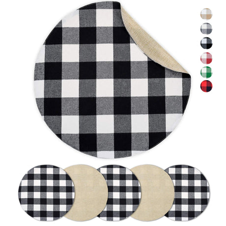 Senneny Round Placemats Set of 6 - Black and White Buffalo Plaid Placemats - Reversible Cotton and Burlap Placemats for Round Tables - Farmhouse Place mat for Dining Table Senneny