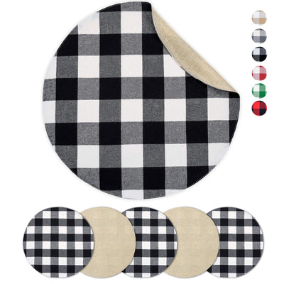 Senneny Round Placemats Set of 6 - Black and White Buffalo Plaid Placemats - Reversible Cotton and Burlap Placemats for Round Tables - Farmhouse Place mat for Dining Table