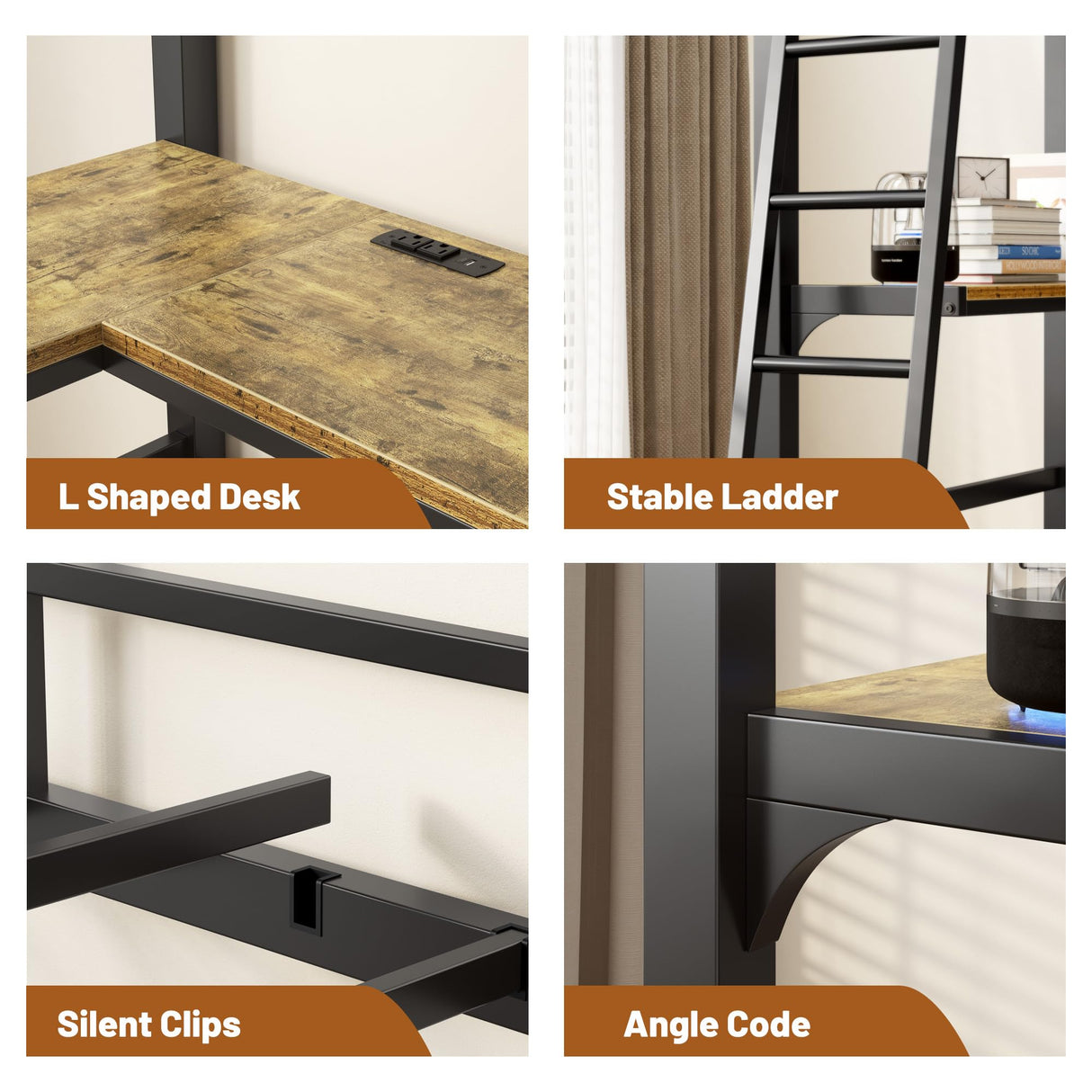 soges Metal Loft Bed Twin Size with Desk, Heavy Duty Twin Bed Frame with Ladder & Guardrail, Loft Bed for Juniors Teens Adullts, Noise-Free, Space-Saving, No Box Spring Needed, Black soges