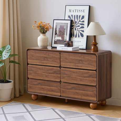 AVZEAR Modern 6 Drawer Dresser for Bedroom, 48" Wide Wooden Dresser Chest of Drawers, Handle Free & Curved Profile Design, Mid Century Closet Clothes Storage Organizer for Living Room, Walnut AVZEAR