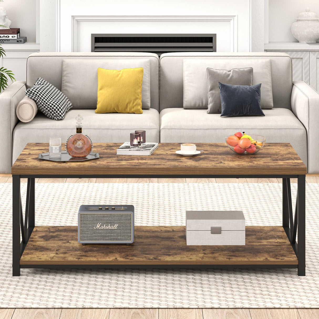 EXCEFUR Modern Coffee Table, Rustic Wood and Metal Living Room Table with Storage Shelf, Industrial Rectangle Center Table, 47 Inch Brown EXCEFUR