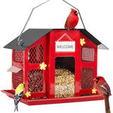Kingsyard Wild Bird Feeder with Weatherproof Roof & Seed Tray, All Metal, Bird Seed Feeder Hanging for Garden Yard Outside Decoration, 4 lbs Large Capacity, Red Kingsyard