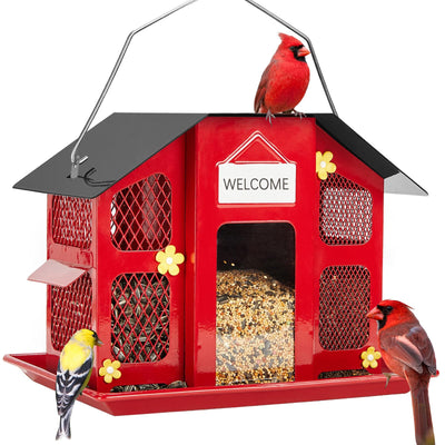 Kingsyard Wild Bird Feeder with Weatherproof Roof & Seed Tray, All Metal, Bird Seed Feeder Hanging for Garden Yard Outside Decoration, 4 lbs Large Capacity, Red