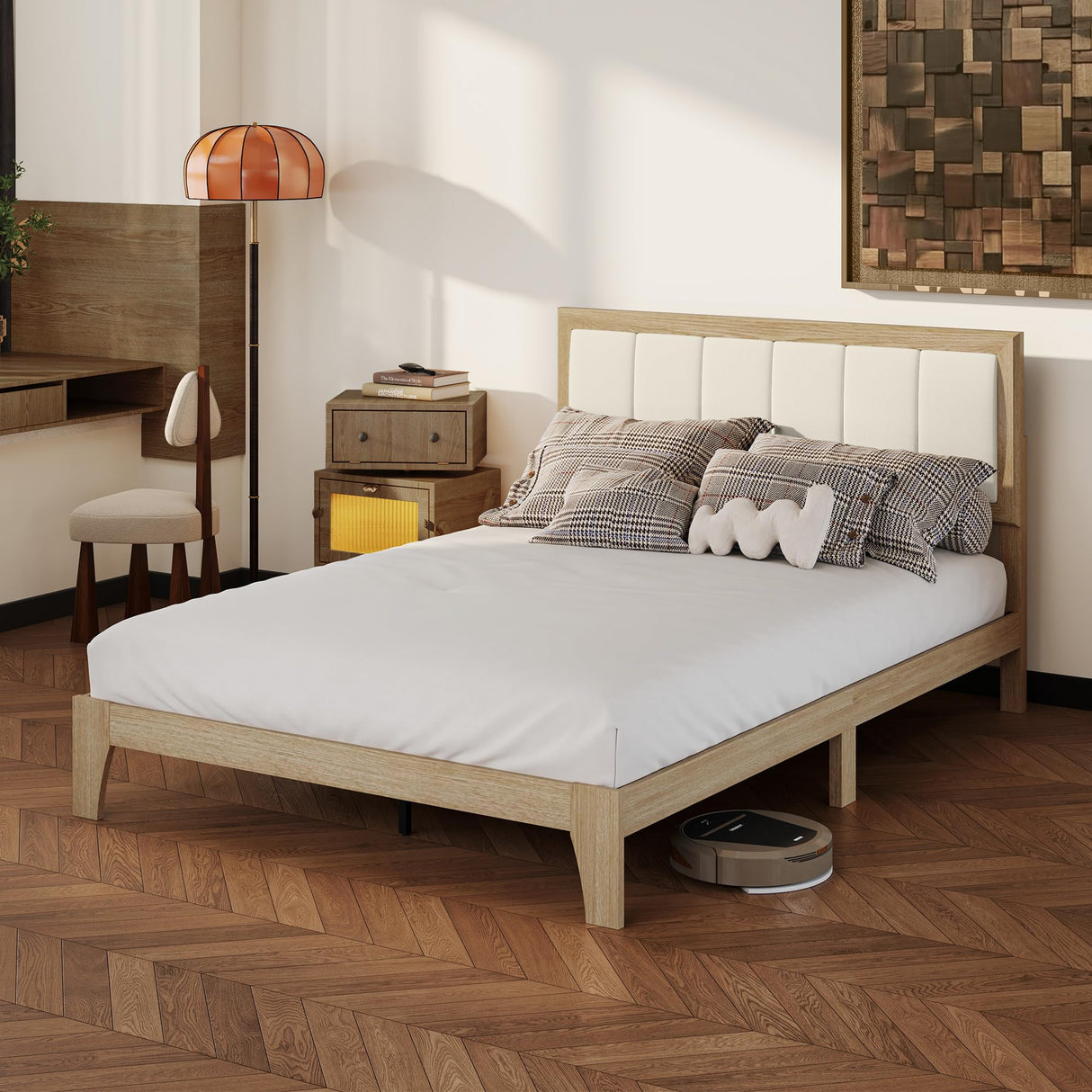 HOMCOM Full Size Bed Frame with Upholstered Headboard, Platform Bed Frame with Wooden Slats, No Box Spring Needed, Easy Assembly, Oak HOMCOM