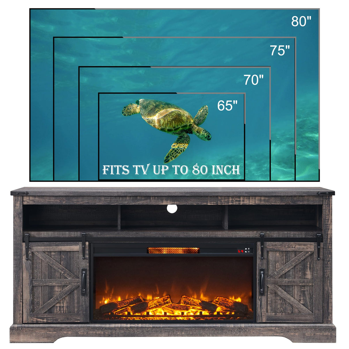 OKD Fireplace TV Stand for 80 Inch TV, 33" Tall Highboy Farmhouse Entertainment Center w/ 36'' Electric Fireplace, Rustic Media Console w/Sliding Barn Door for Living Room, Dark Rustic Oak OKD