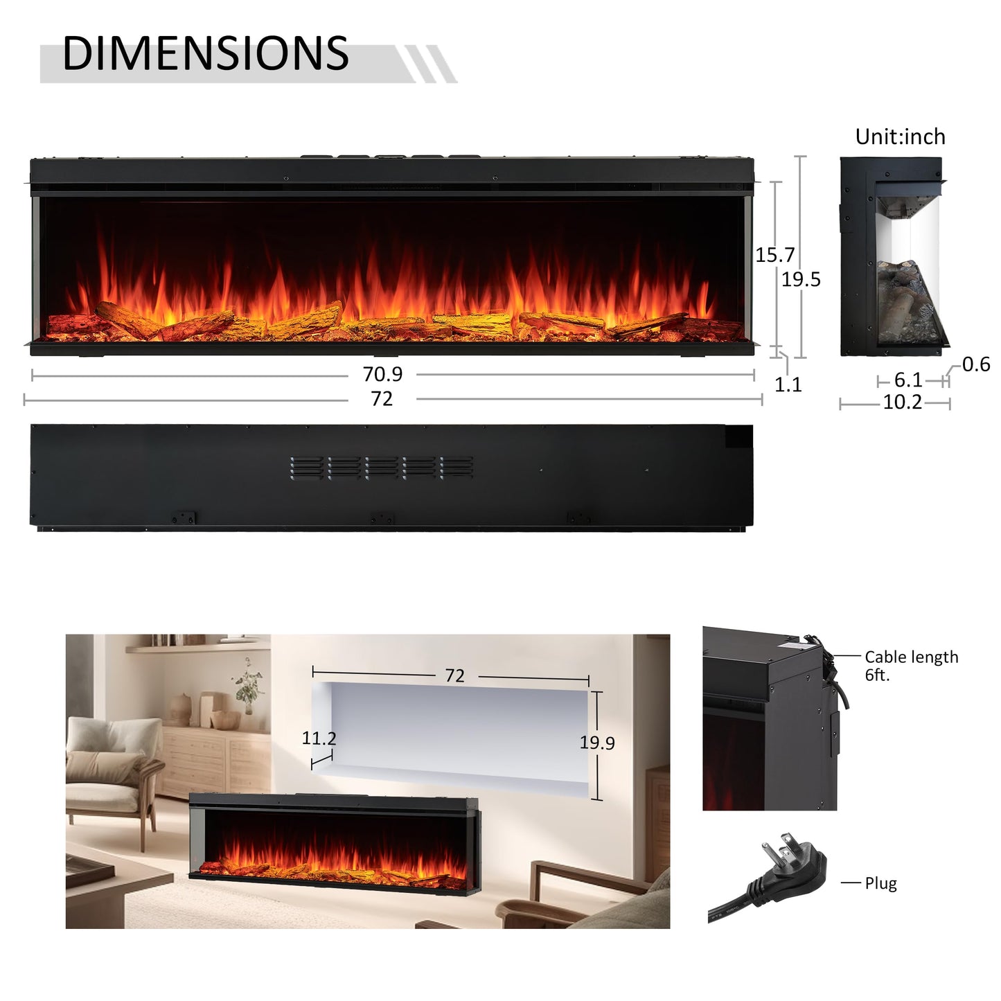 LegendFlame 71" W Smart Build in Electric Fireplace Insert, 1-2-3 Sided View, Heater 750W/1500W, Multi Colors of Flame & Fuel Bed, Alexa/Google Assistant Enabled