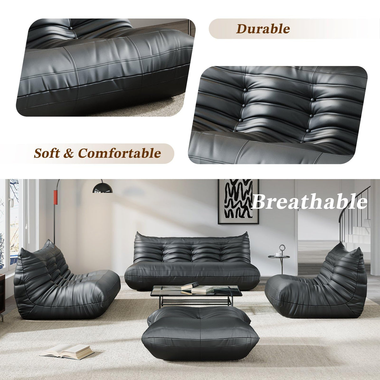 Comfy Lazy Floor Sofa Couch,Bean Bag Chairs,Soft Armless Fireside Chair,Faux Leather Lounge Chair,Corner Relax Couch for Living Room Bedroom,Salon Office,Adults（Black+3 Seat Generic
