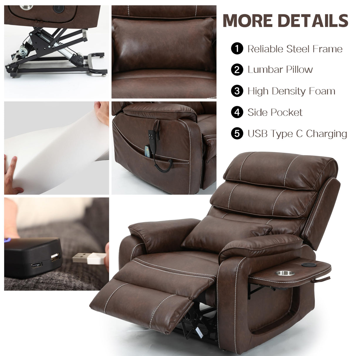 JIKFRIMA Power Lift Recliners Chairs for Elderly Adults Lay Flat Recliner with Heat & Massage, Wireless Charging Device, USB Ports, Cup Holder, Lumbar Pillow, 400Lbs（Faux Leather,Dark Brown） JIKFRIMA