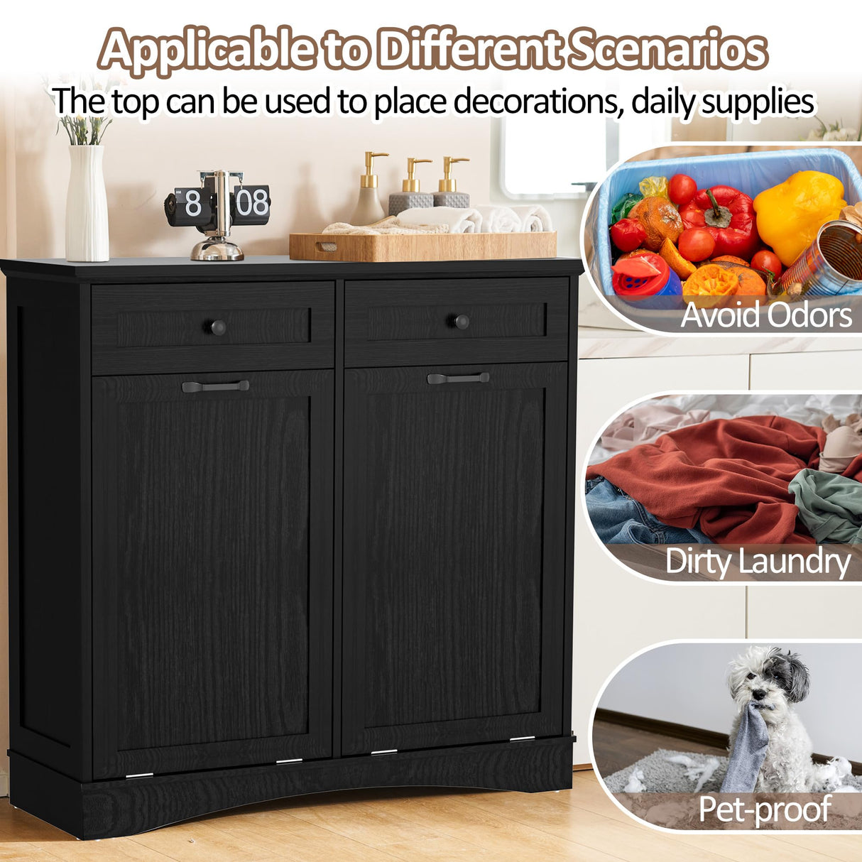 OUTGUAVA Double Tilt Out Trash Cabinet Kitchen Trash Bin Cabinet Recycling Trash Cabinet with Hideaway Drawers, 2x13 Gallons Pet Proof Trash Can Cabinet for Kitchen Living Room, Dark Black OUTGUAVA