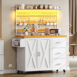 YITAHOME Bakers Rack with Power Outlet and LED Light, 53 Inch Microwave Stand with Storage Cabinet Thickened Counter, Farmhouse Coffee Bar Cabinet on Wheels Tall Shelf for Spices, Cups, Pots, White YITAHOME