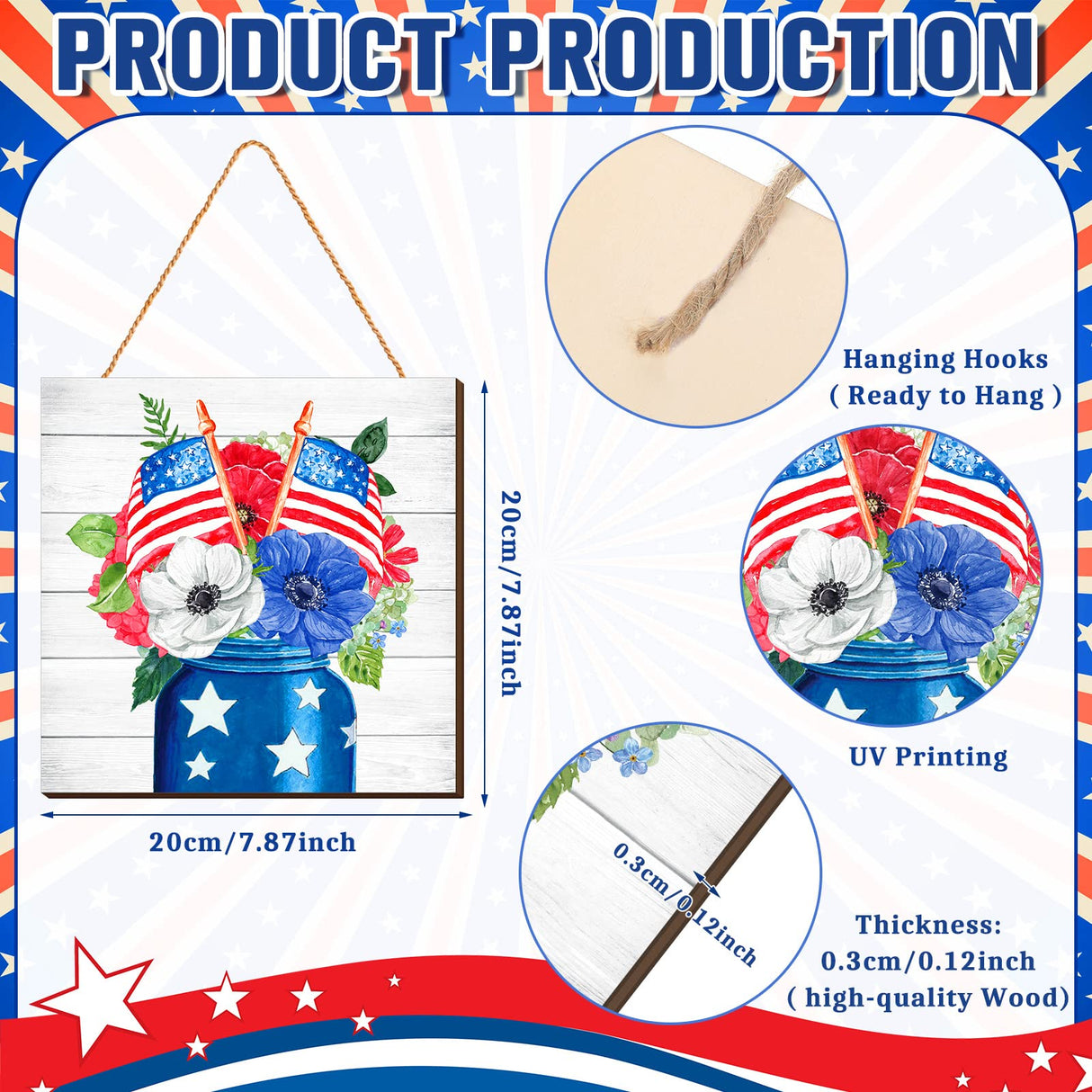 4 Pcs 4th of July Sign Rustic Wood Decor Farmhouse Patriotic Decor America Wall Hanging Plaque Red Blue White Wooden Wall Decor for Home Front Door Kitchen Office School, 7.87 x 7.87 Inch Purpeak