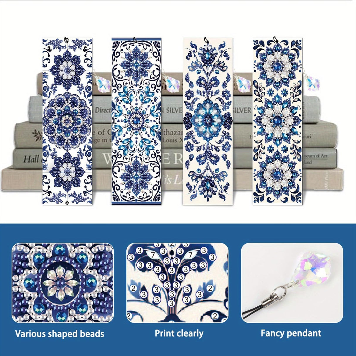 4pcs Diamond Art Bookmark Set - Blue and White Porcelain Pattern, Crystal Water Diamond Art Gift with Diamond Pendant, Suitable for Office, School Reading Enthusiasts, DIY Crafts Gifts, Birthday Gifts MVVMTOP