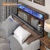 Meitewei Queen Bed Frame with Hidden Storage Headboard and 2 Drawers, LED Bed Frame with Charging Station, Metal Platform Bed Frame, No Box Spring Needed, Vintage Brown Meitewei