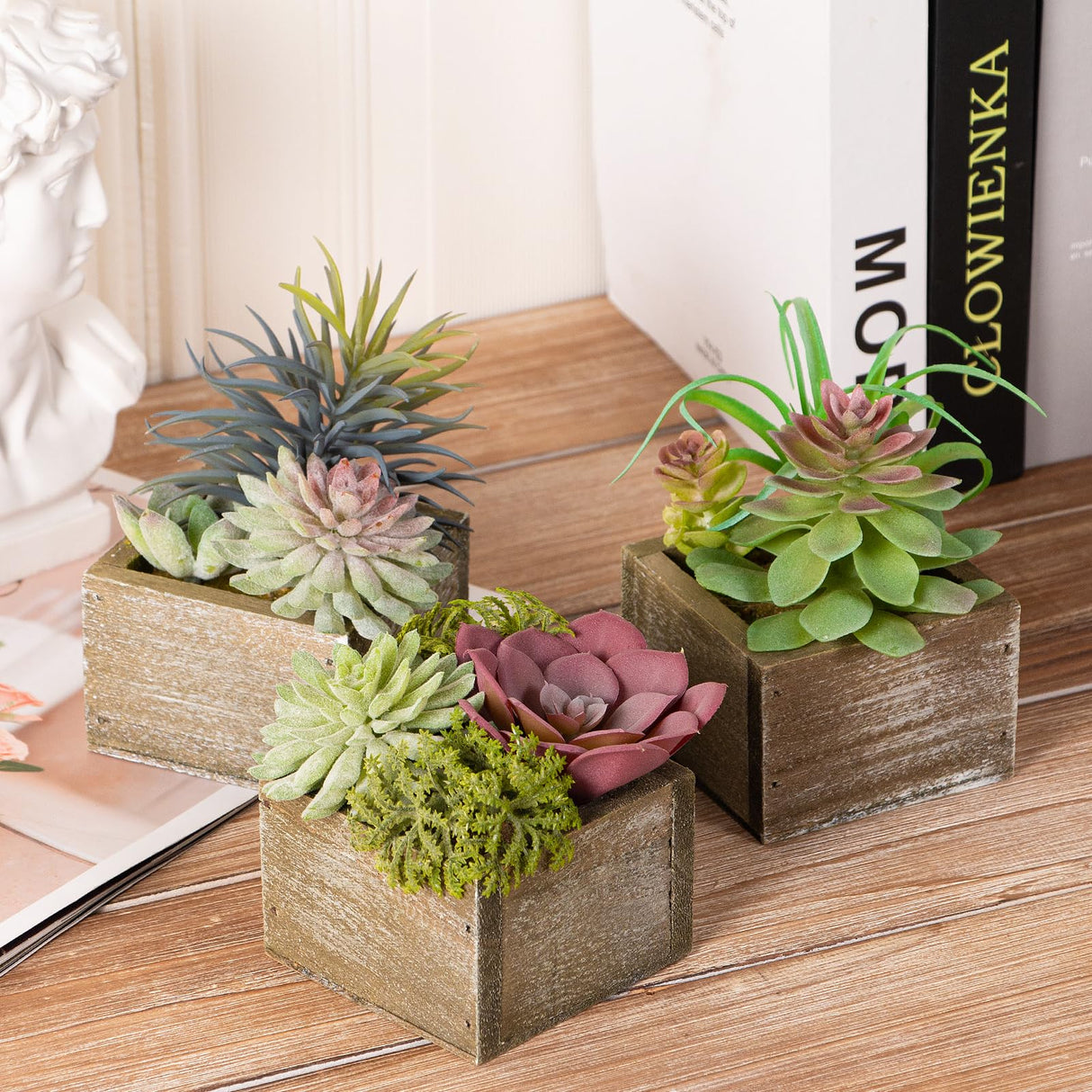 Mingfuxin Succulents Plants Artificial, Mini Assorted Green Fake Plants in Pots, Small Artificial Succulent Plant with Wood Potted for Bathroom Home Office Living Room Table Decor Indoor, Set of 3 Mingfuxin