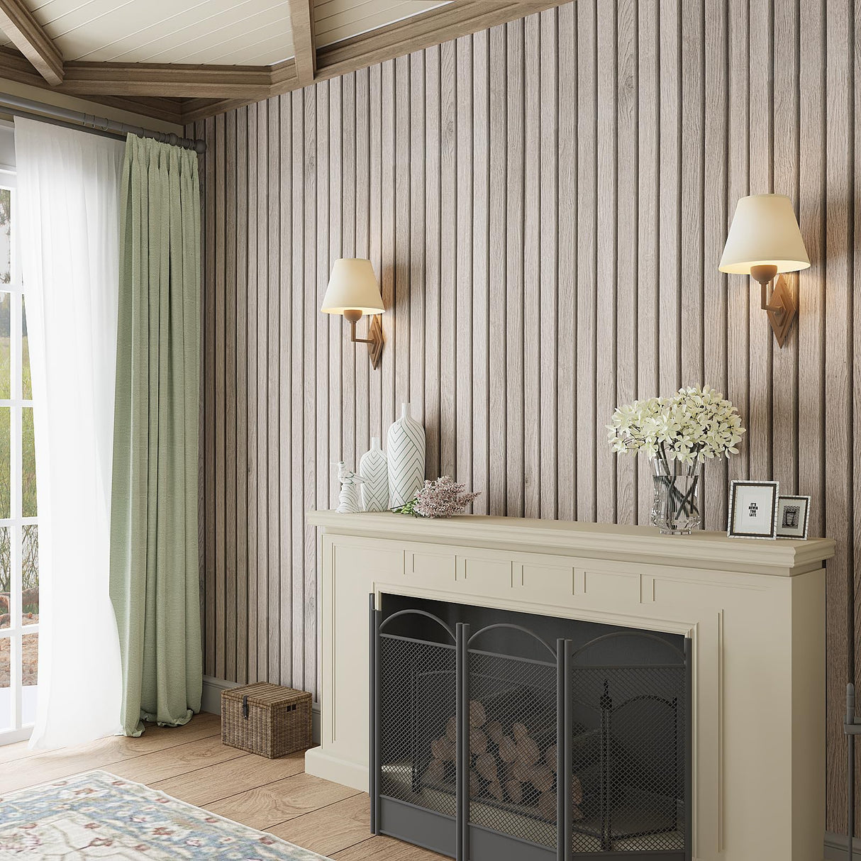 VEELIKE Grey Wooden Slats Peel and Stick Wallpaper Wood Contact Paper for Walls Kitchen Cabinets 15.7''x354'' Waterproof Self Adhesive Slats Wood Panel Vinyl Wallpaper for Bedroom Wall Décor Farmhouse VEELIKE