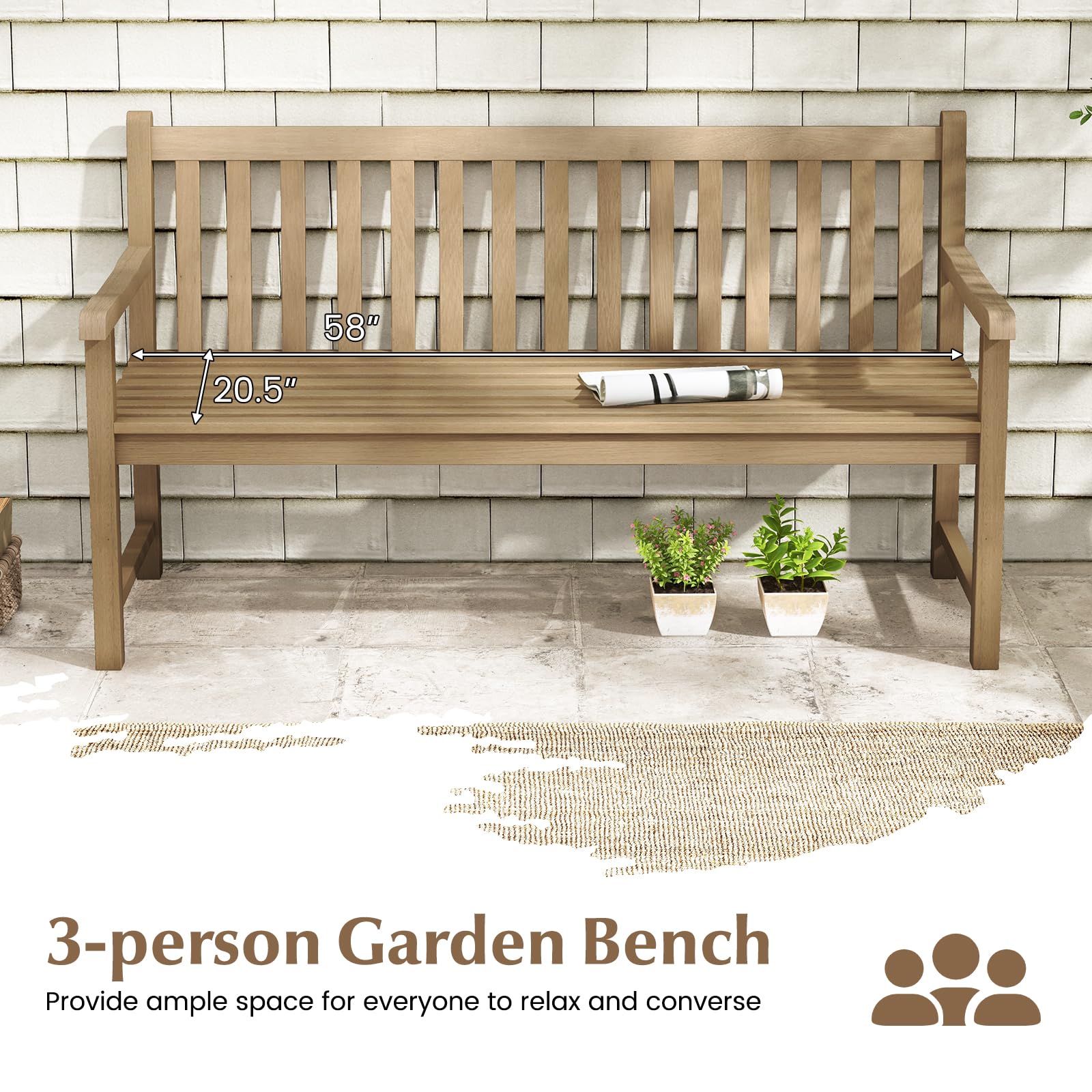 Tangkula 62" Natural Teak Wood 3-Person Outdoor Bench with Ergonomic Design and Comfortable Slatted Seat - WoodArtSupply