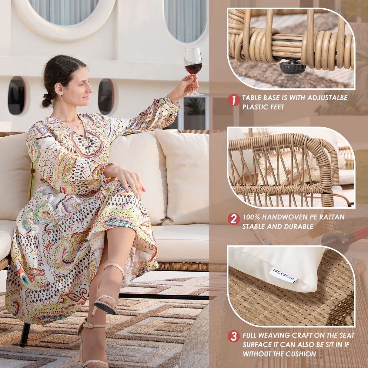 NICESOUL® 6 Pcs Boho Outdoor Small Patio Furniture Lounge Set with Beige Cushion and Round Glass Table with Ice Bucket Natural Color Wicker Conversation Sofa Set for Garden Balcony Deck NICESOUL