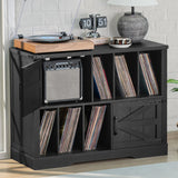 Joaxswe Large Record Player Stand with Vinyl Storage Up to 450 Albums, 39 Inch Farmhouse Wood Black Vinyl Records Storage Cabinet with Barn Doors, Mid-Century Modern Turntable Stand for Living Room Joaxswe