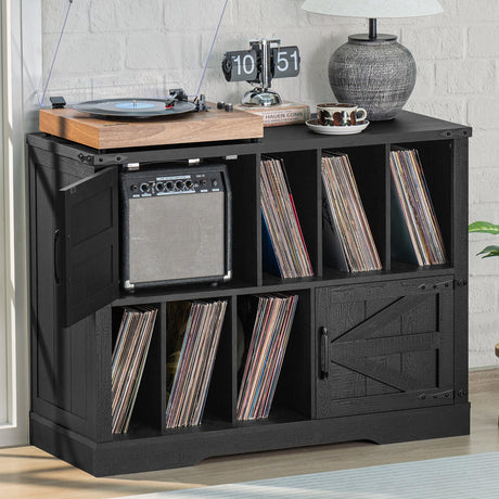 Joaxswe Large Record Player Stand with Vinyl Storage Up to 450 Albums, 39 Inch Farmhouse Wood Black Vinyl Records Storage Cabinet with Barn Doors, Mid-Century Modern Turntable Stand for Living Room Joaxswe
