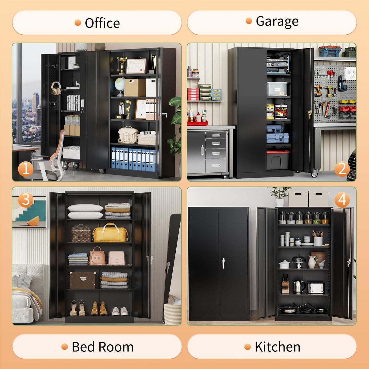 Greenvelly Metal Storage Cabinet with Lock, 72" H Black Metal Garage Storage Cabinet with Doors and 4 Shelves, Lockable Steel Tool Cabinets for Garage, Home, Office, Shop, School(36" W x 18" D) Greenvelly