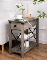 Awescuti Narrow End Table with Charging Station - Farmhouse Slim Side Table Set of 2, w/USB Ports Power Outlets, Nightstand w/Flip Top Storage Drawer, for Small Spaces Living Room Bedroom, Gray Awescuti