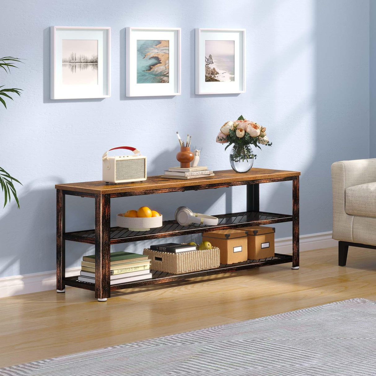 Rolanstar Shoe Bench, 3-Tier Shoe Rack, 39.4” Storage Entry Bench with Mesh Shelves Wood Seat, Rustic Foyer Bench for Hallway Front Door, Doorway, Living Room, Mudroom, Steel Frame, Rustic Brown Rolanstar