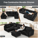 130" Oversized Cloud Couch Large Modular Sectional Sofa Modern U Shaped Sectional Couch 6 Deep Seat Sofa Set for Living Room Comfy Plush Corduroy Cloud Sofa with Ottoman, USB Port, Cup Holder, Black ONEMMLION