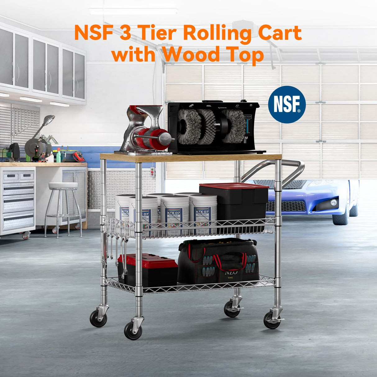 3 Tier Rolling Kitchen Carts on Wheels with Storage,650Lbs Heavy Duty Utility Carts with Wheels,Kitchen Island with Wood Tabletop,Metal Serving Rolling Cart for Small Appliance Food Cart,Wood+Metal BolDuck