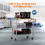 3 Tier Rolling Kitchen Carts on Wheels with Storage,650Lbs Heavy Duty Utility Carts with Wheels,Kitchen Island with Wood Tabletop,Metal Serving Rolling Cart for Small Appliance Food Cart,Wood+Metal BolDuck