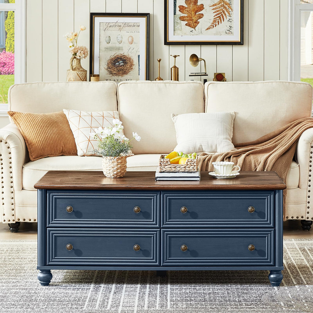 RWYHG 48" Farmhouse Coffee Table with Hidden Storage,Wooden Coffee Tables with 4 Drawers & Roman Column Handle,Rectangular Rustic Center Table with Solid Wood Curved Legs for Living Room,Office,Blue RWYHG